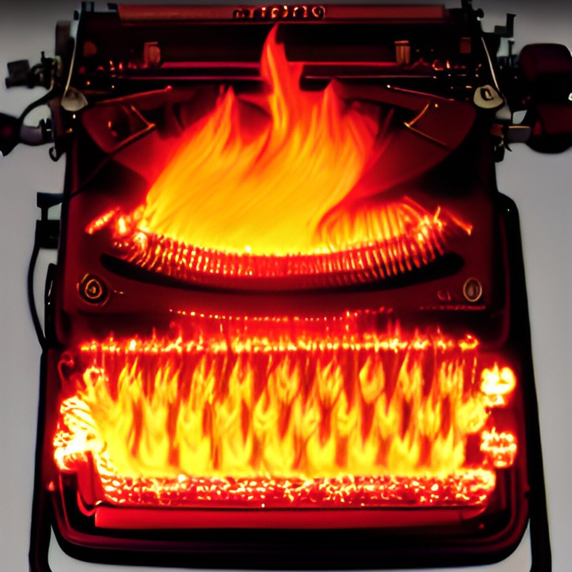 Typewriter on fire, with burning keys and strikers